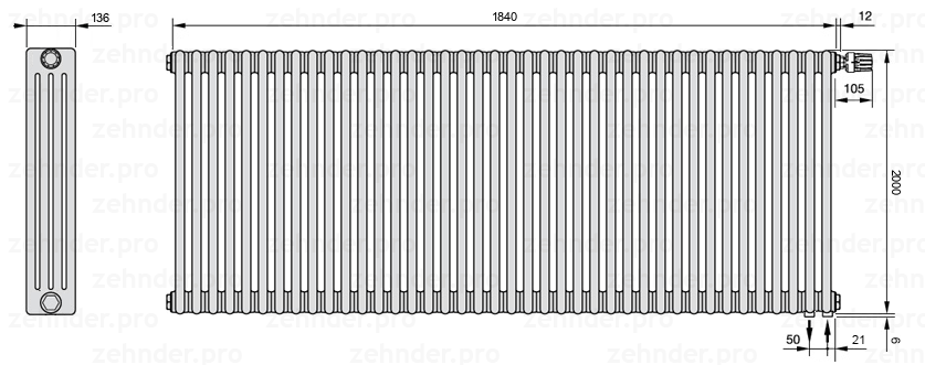 Схема (чертеж) Радиатор Zehnder Charleston 4200/40 №V002 Белый глянцевый RAL 9016